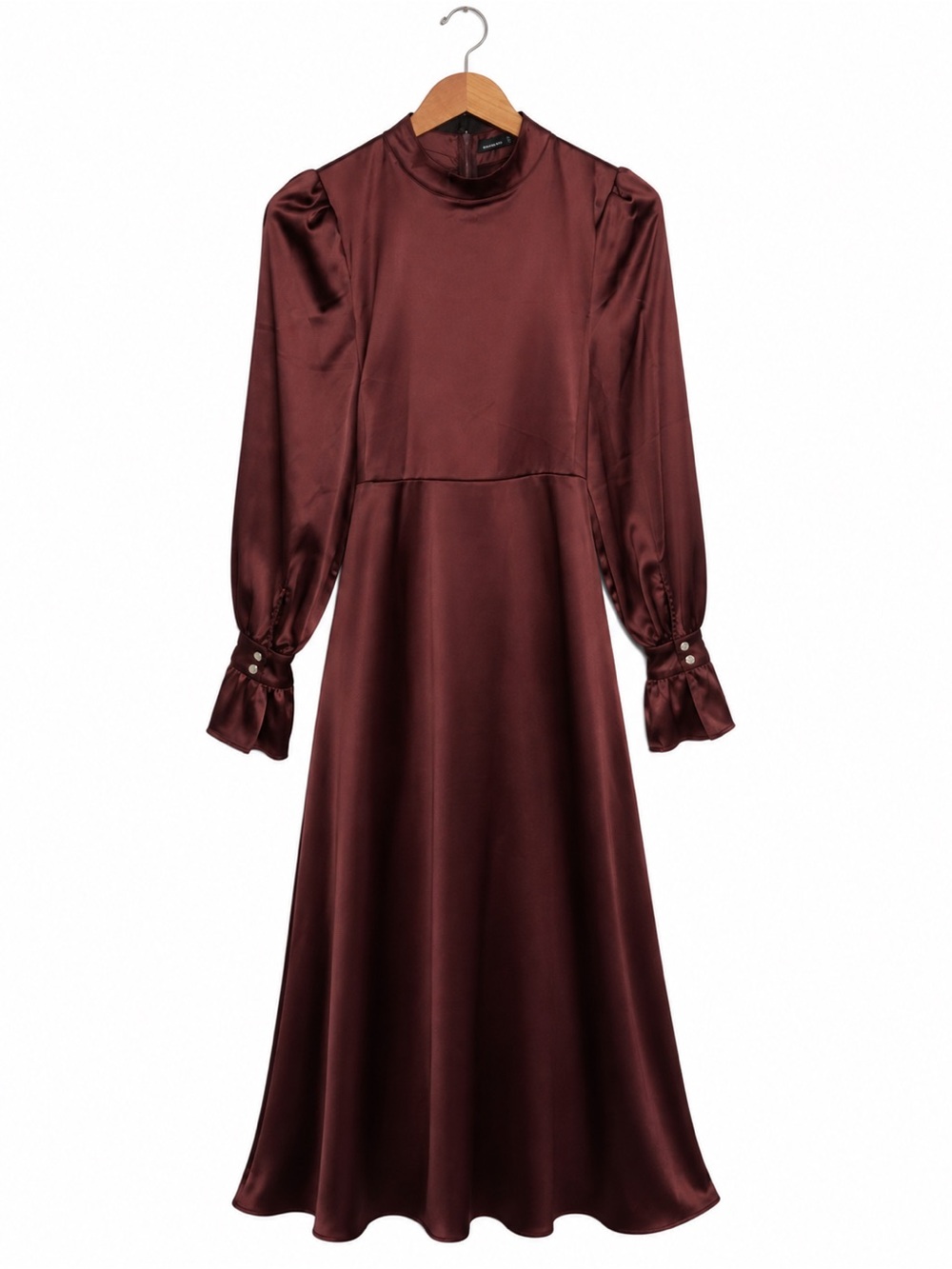 Women's Satin Long Sleeve Midi Dress in Deep Brown | XS/S